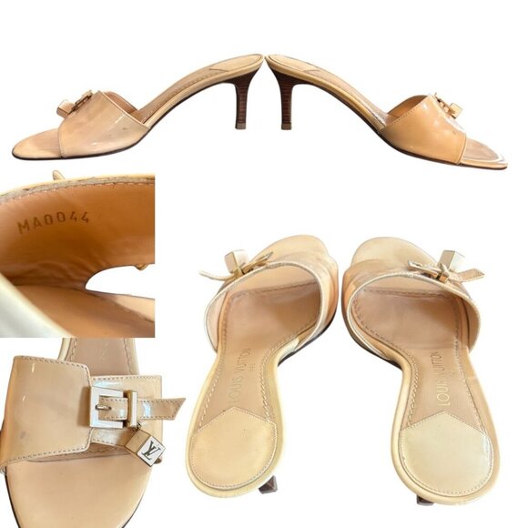 authentic LOUIS VUITTON Nude Beige LV Charm Logo Buckle Kitten Sandals Heels 5.5 - Picture 5 of 7